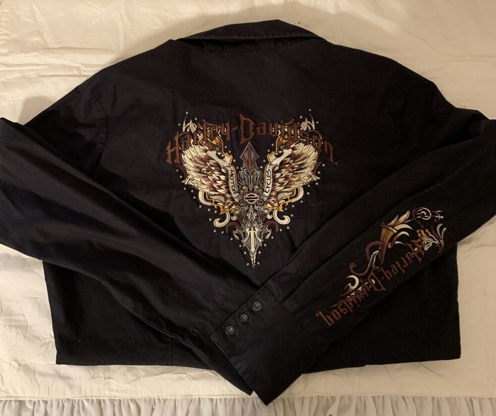 Harley Davidson HD Woman L Long Sleeve Button Down Blouse Shirt Embroidered